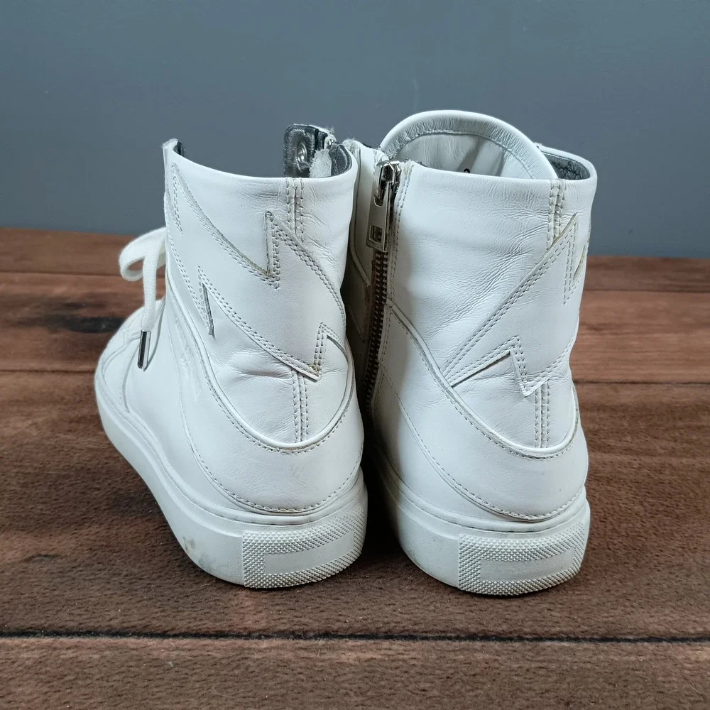 Zadig & Voltaire Paris White Leather High Top Sneakers Zip Lightning Bolt size37